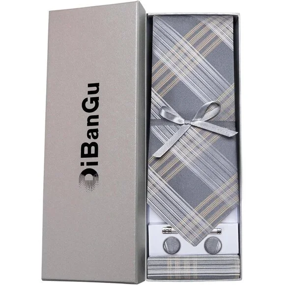 🆕Men Grey Plaid Silk Checkered Necktie Pocket Square Cufflinks Tie Clip Set